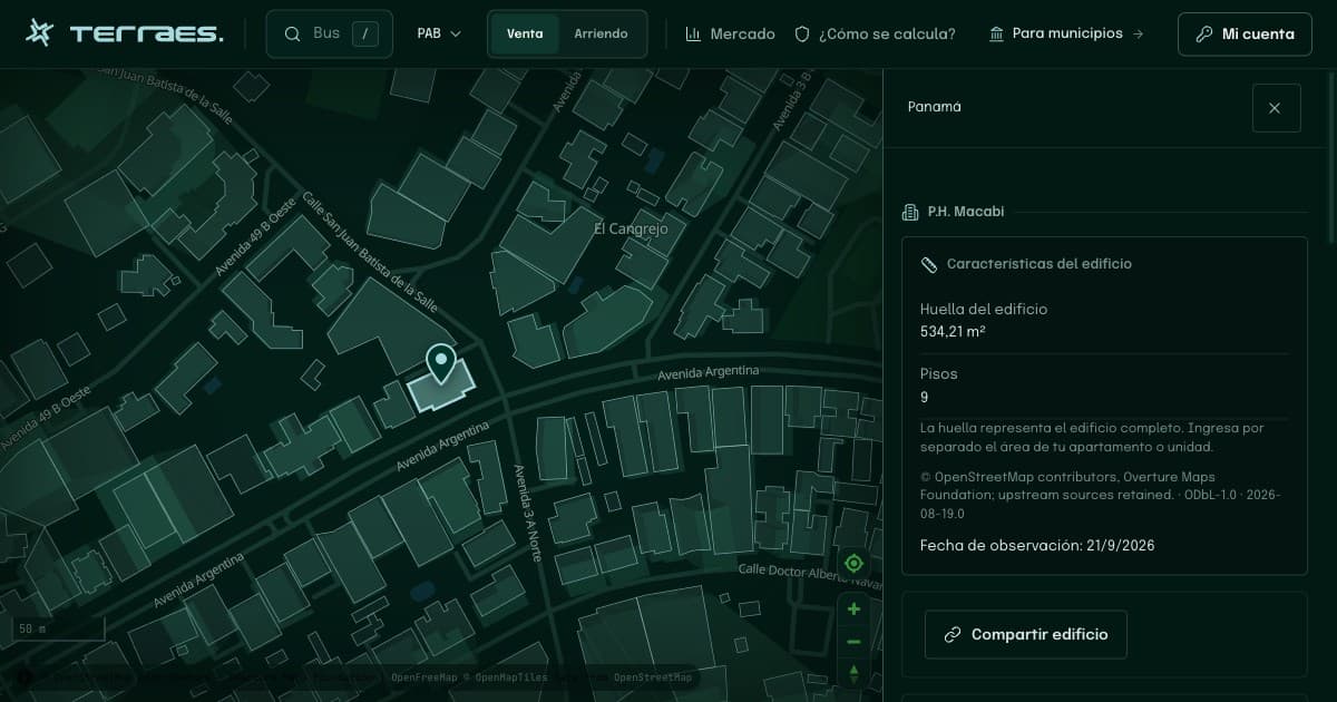 Ficha y mapa de un edificio en Ciudad de Panamá, con datos físicos y fuentes en Terraes